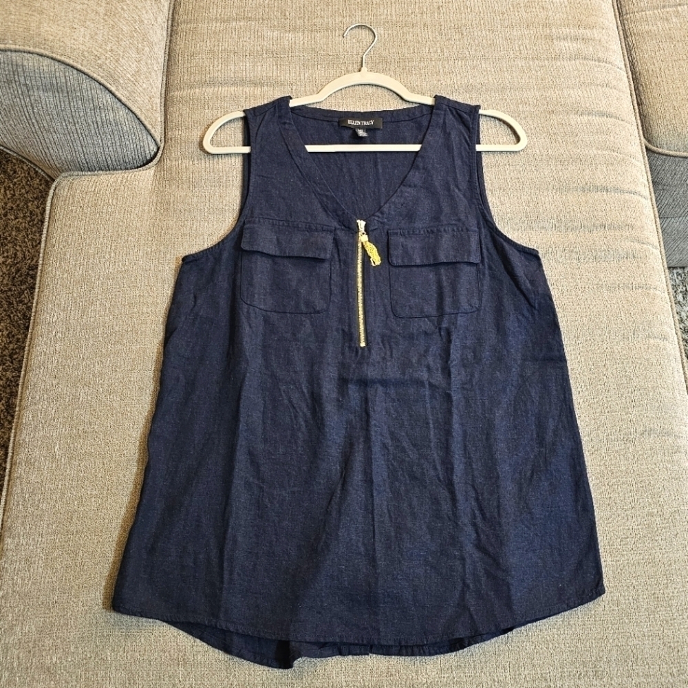 Ellen Tracy Dark Blue Linen Blend Casual Minimalist Lagen Top Size Medium